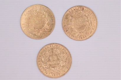 null IIIE REPUBLIQUE
Lot de 3 monnaies d'or 10 Francs type Cérès 1895, 1896, 1899
FR...