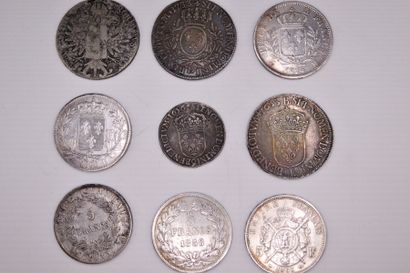 Lot de 9 monnaies d'argent 
Louis XIV : Ecu...