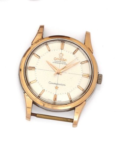 null OMEGA Constelation 
Circa 1950
Gold-plated men's wristwatch, white dial, applied...