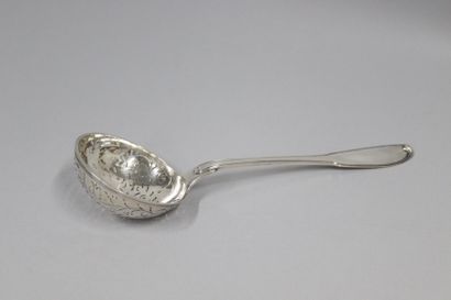 null Silver sprinkling spoon, piriform model with nets; engraved later with initials...