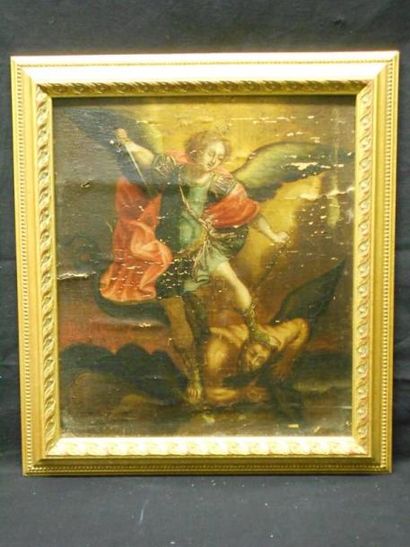 RENI Guido (D'après) (1575 -1642) Saint Michel terrassant Lucifer Huile sur toile,...