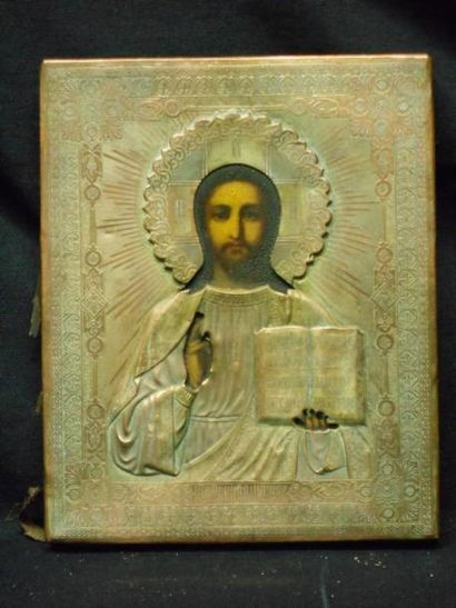 null Christ Pantocrator Peint sur bois, oklad en cuivre avec poinçon de l'orfèvre...