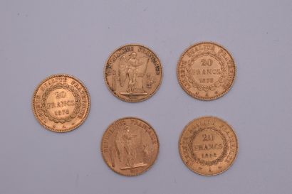 null Five gold coins of 20 Francs au Génie (1874, 1878, 1848, 1876, 1895, Paris).
Weight...