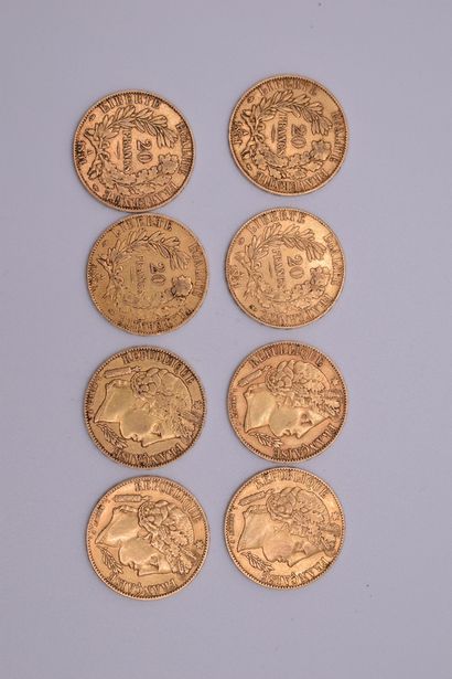 null Eight gold coins of 20 Francs Cérès ( 1850, 1851x7, Paris).
Weight : 51.33 g....