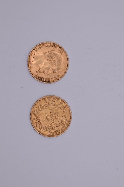 null Two gold coins of 20 Francs Napoleon III bare head, (1860, Strasbourg).
Weight...