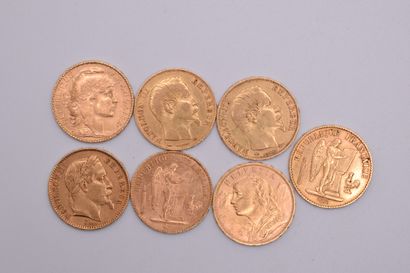 null Lot of 7 gold coins of 20 Francs :
- Napoleon III bare head (1859, A, 1860,...