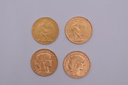 null Four gold coins of 20 francs Coq (1902; 1906; 1908; 1913)

Weight : 25.80 g...