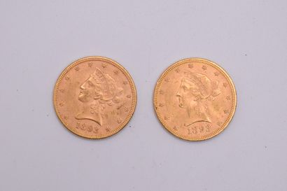 null Lot of 2 gold coins of 10 Dollars Coronet Head - Eagle (1893).
Weight : 33....