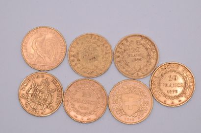 null Lot of 7 gold coins of 20 Francs :
- Napoleon III bare head (1859, A, 1860,...