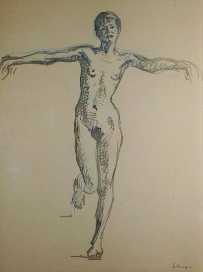 LEBASQUE Henri, 1865 -1937 Nu en équilibre Plume, encre brune et crayon de couleur...