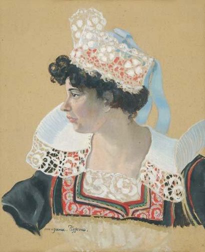MANZANA-PISSARRO Georges, 1871-1961 Jeune fille de Concarneau de profil Gouache avec...