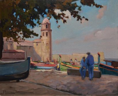 MAREC Jean, XXe siècle Collioure, causette sur le port Huile sur toile (petits manques),...