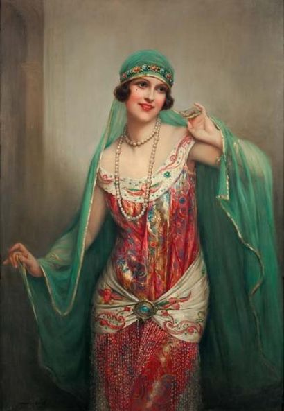 MARTIN-KAVEL François, 1861-1931 Orientale aux perles Huile sur toile (très petit...