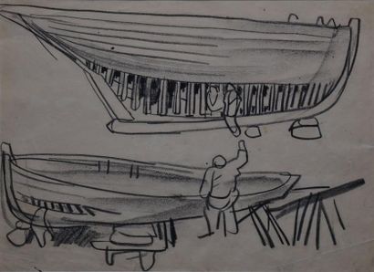 MÉHEUT Mathurin, 1882 -1958 Calfatage de bateaux Feuille d'étude au crayon noir (traces...