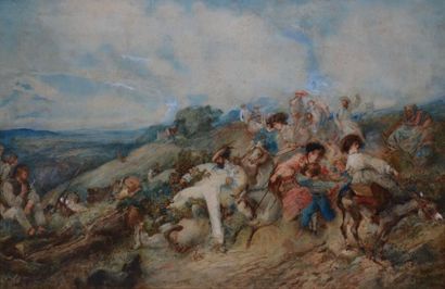 MORIN Edmond, 1824 -1882 Une promenade mouvementée, 1861 Aquarelle gouachée (rousseurs...