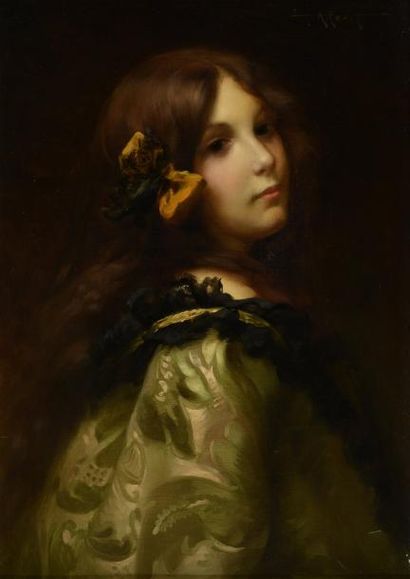 PENOT Albert, 1862 -1930 Jeune fille au noeud orange Huile sur toile, signée en haut...