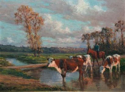 PLANQUETTE Félix, 1873 -1964 Le troupeau, vaches à la mare Huile sur panneau, signé...