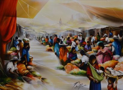 POULET Raymond, né en 1934 Cholila, marché en Argentine Peinture sur toile, signée...