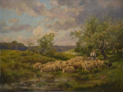 QUINTON Clément, 1851-1920 Berger et ses moutons à la mare Huile sur toile (quelques...
