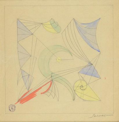 SURVAGE Léopold, 1879 -1968 Composition géométrique Aquarelle sur papier beige (traces...