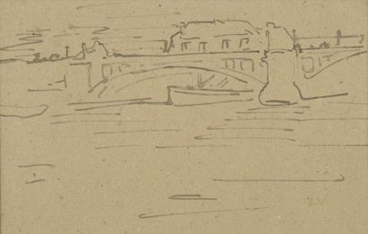 VALTAT Louis, 1859 -1962 Bateau sous un pont à Paris Plume et encre brune sur papier...