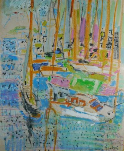 YANKEL Jacques, né en 1920 Voiliers dans un port du Midi Pastel et gouache, signé...