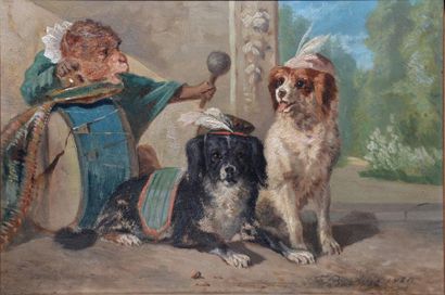 BACKVIS Frans, 1857-1926 Singe musicien et chiens savants, 1889 Huile sur panneau,...