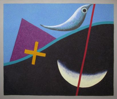 CALLIGARO Marco, né en 1958 Composition au poisson et à la lune, 1991 Huile sur toile,...