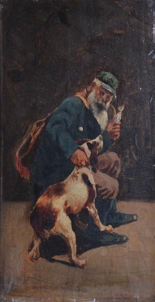 CARACCIOLO, XIXe siècle Fumeur de pipe et son chien Huile sur toile, signée en bas...