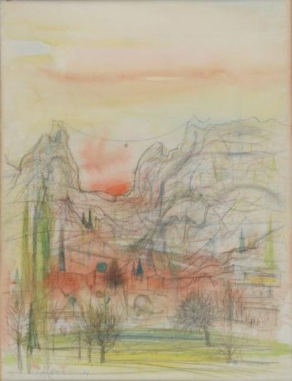 Moustiers Sainte-Marie Paysage montagneux, 1961 Aquarelle et crayons de couleurs,...