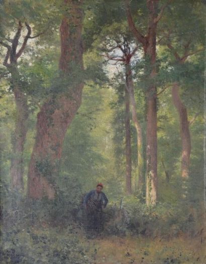 CHAIGNEAU Jean Ferdinand, 1830 -1906 Fagoteuse en forêt Huile sur toile (usures,...