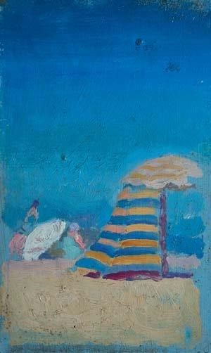 CHMAROFF Paul, 1874 -1950 Tente et parasol sur la plage Huile sur carton, non signé,...