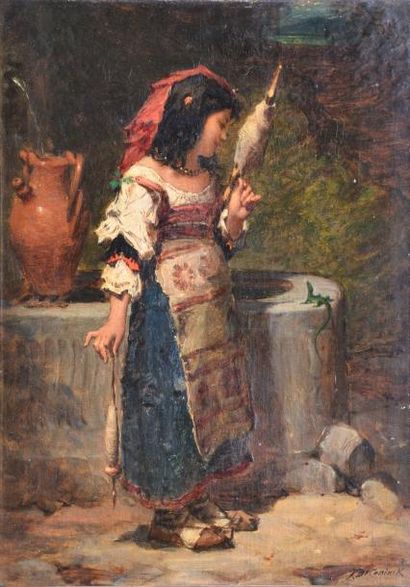 CONINCK Pierre de, 1828 -1910 Jeune fileuse napolitaine Huile sur toile, signée en...