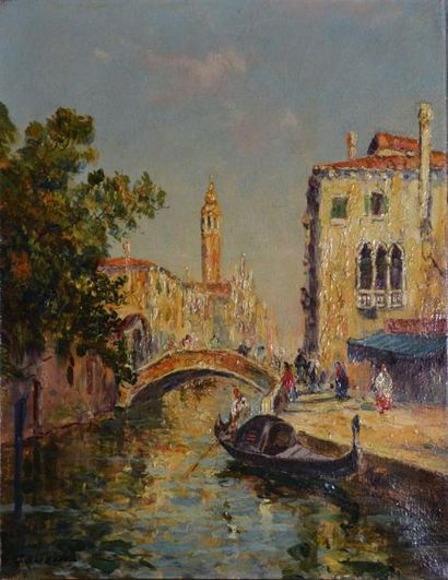 COUSIN Charles Eugène, XIX -XXe siècles Canal à Venise Huile sur toile, signée en...