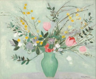 DEBAINS Thérèse, 1907-1975 Bouquet au vase vert Huile sur toile, cachet de la signature...
