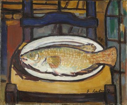 LAHNER Émile, 1893 -1980 Nature morte au poisson Huile sur toile, signée en bas à...