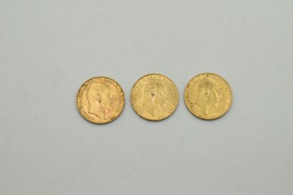 null Three gold coins of 1 sovereign - Edward VII :
1906 (x 1) - 1907 (x 2)

Weight...