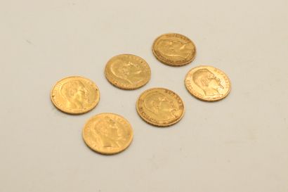 Lot of 6 gold coins of 20 Francs bare head...