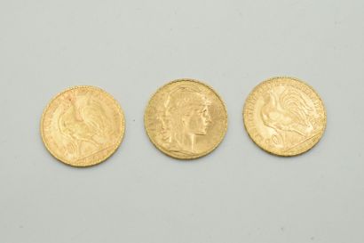Lot of three gold coins of 20 Francs with...