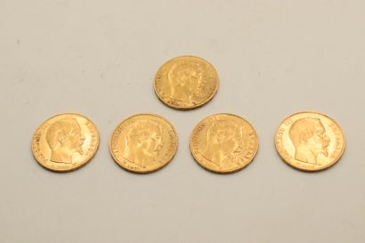 Six gold coins of 20 francs Napoleon III...