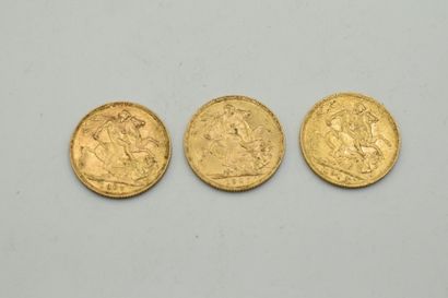 Three gold coins of 1 sovereign - Edward...
