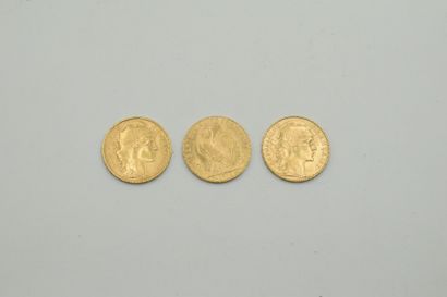 null Lot of three gold coins of 20 Francs with a rooster (1907; 1912; 1913).

Weight...