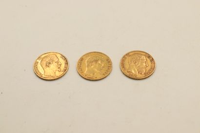 null Lot of three gold coins including:
- 2 x 20 Francs Napoleon III (1855, A; 1859,...