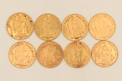 Huit pièces en or de 20 francs Génie, A (atelier...