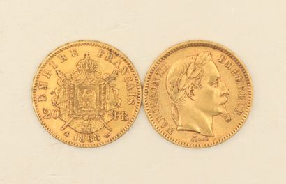 Deux pièces en or de 20 francs Napoléon III...
