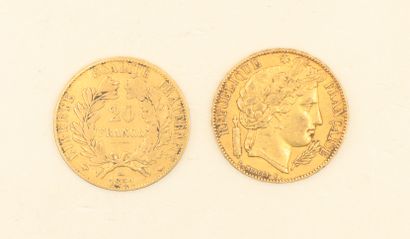 Deux pièces en or de 20 francs Cérès - 1851,...