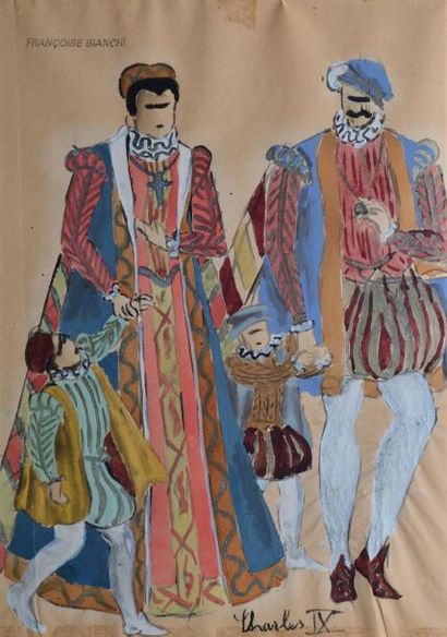 BIANCHI FRANÇOISE, 1927-1978 Charles IX en famille Gouache sur papier beige (traces...