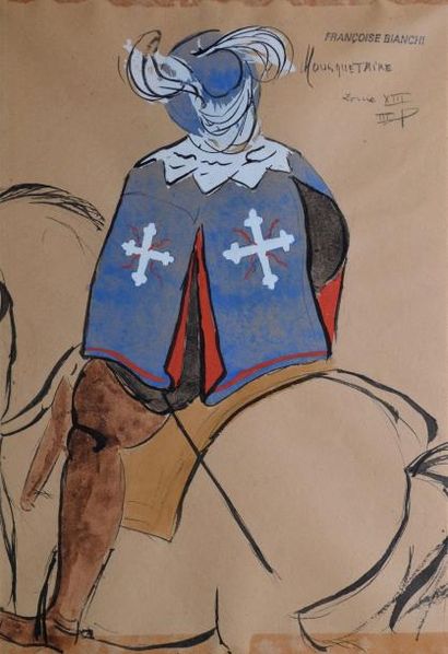 BIANCHI FRANÇOISE, 1927-1978 Mousquetaire Louis XIII Gouache sur papier beige (traces...