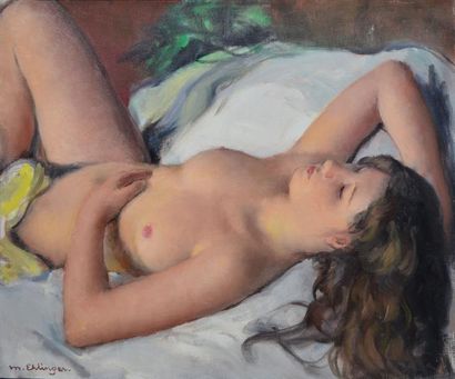 EHLINGER MAURICE, 1896-1981 Jeune femme couchée Huile sur toile, signée en bas à...