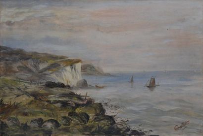 GAILLARD, XIX-XXE SIÈCLES Marine aux falaises Huile sur toile (usures et accidents),...